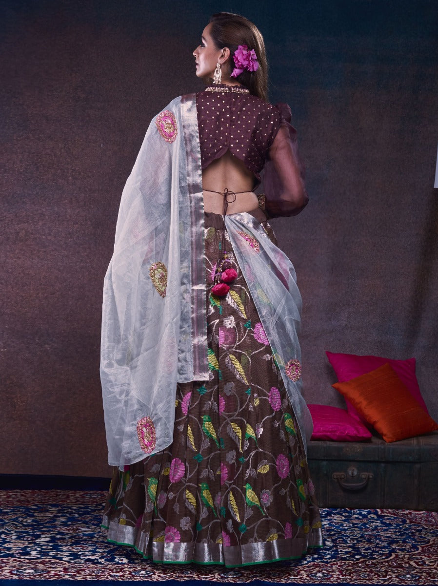 Kota Silk Jamdani Brown Lehenga With Organza And Tussar Fusion