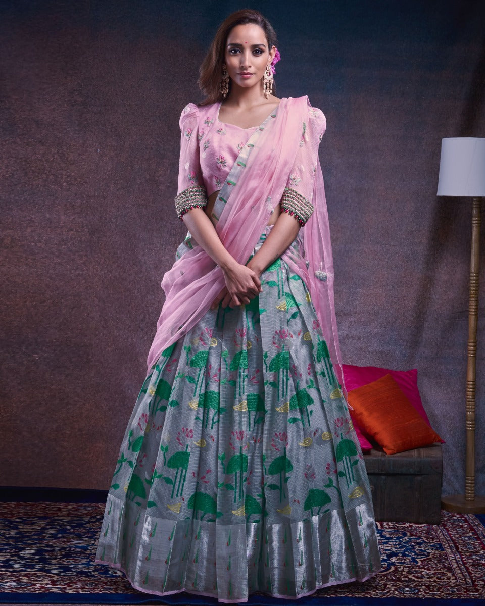 Kota Silk Jamdani Grey Lehenga With Organza Fusion