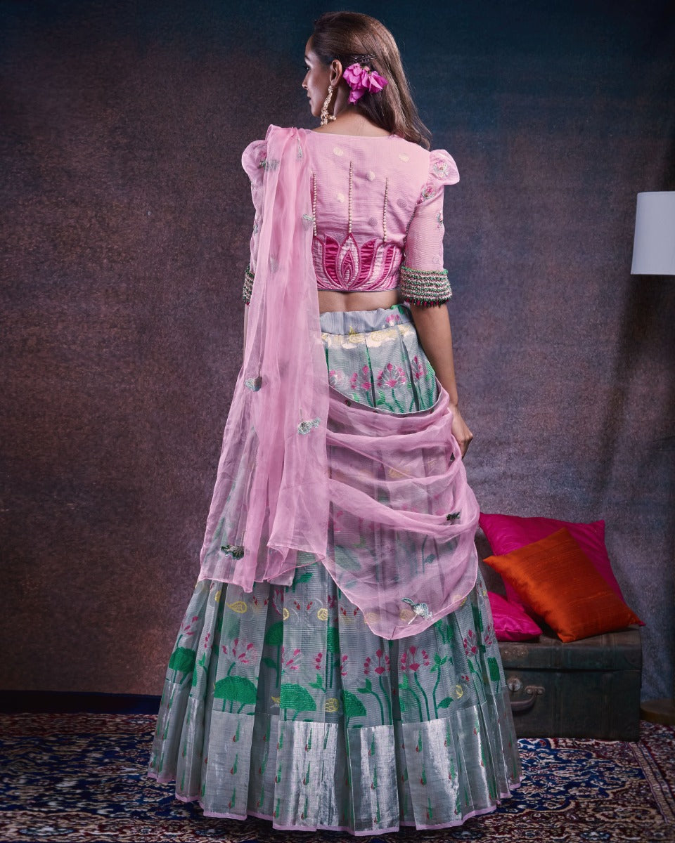 Kota Silk Jamdani Grey Lehenga With Organza Fusion
