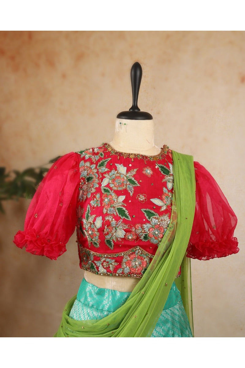 Kanchipuram Silk Brocade Sea Green Lehenga With Tussar Fusion