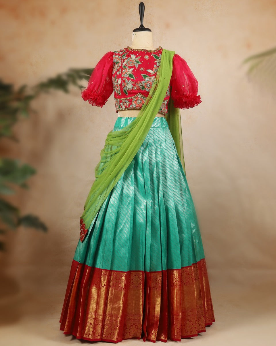 Kanchipuram Silk Brocade Sea Green Lehenga With Tussar Fusion