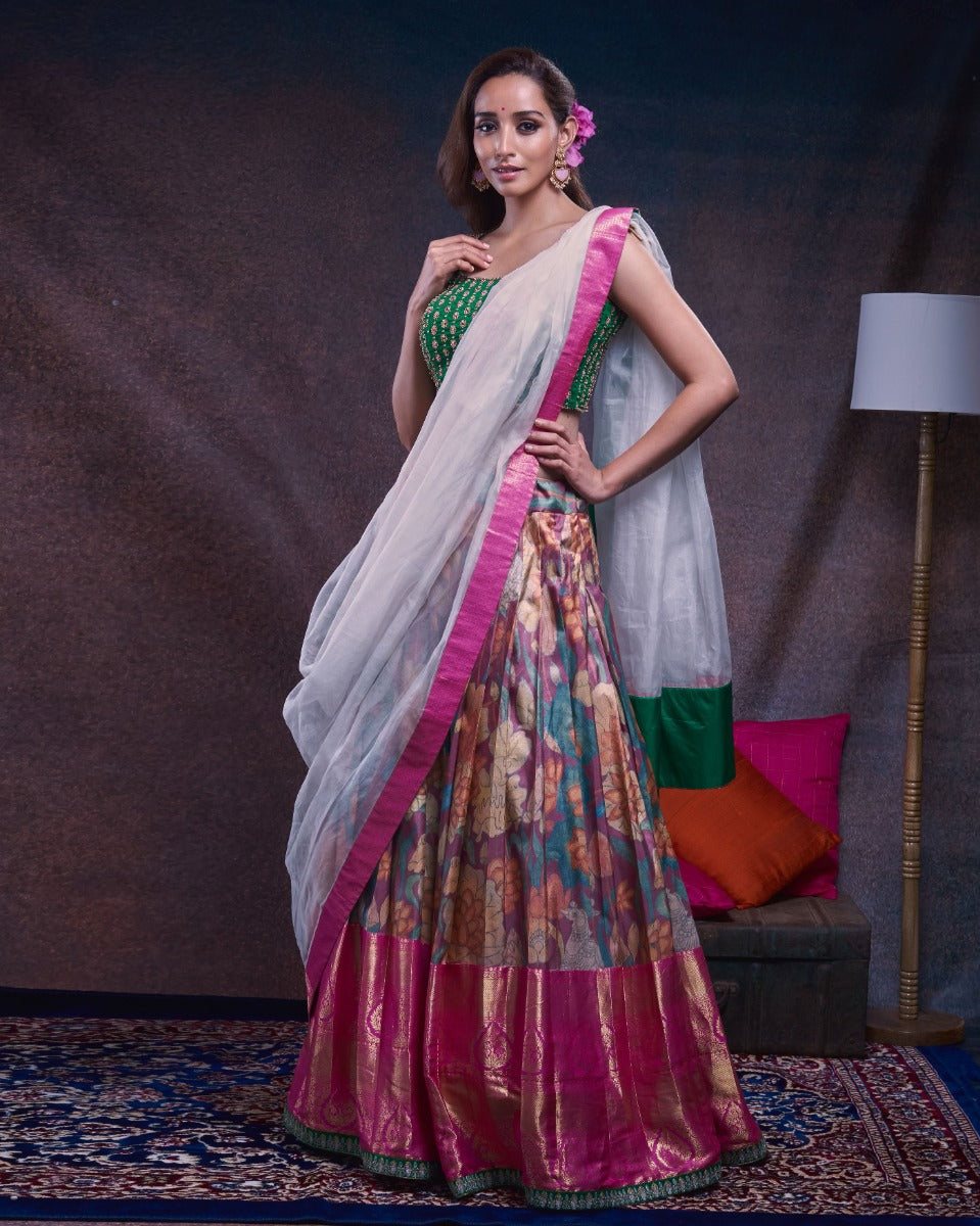 Kanchipuram Silk Floral Printed Burgundy Lehenga With Georgette And Tussar Fusion