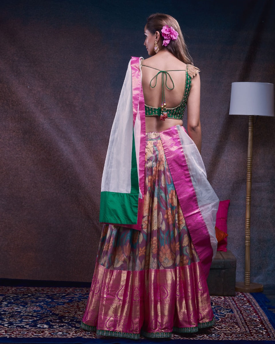 Kanchipuram Silk Floral Printed Burgundy Lehenga With Georgette And Tussar Fusion