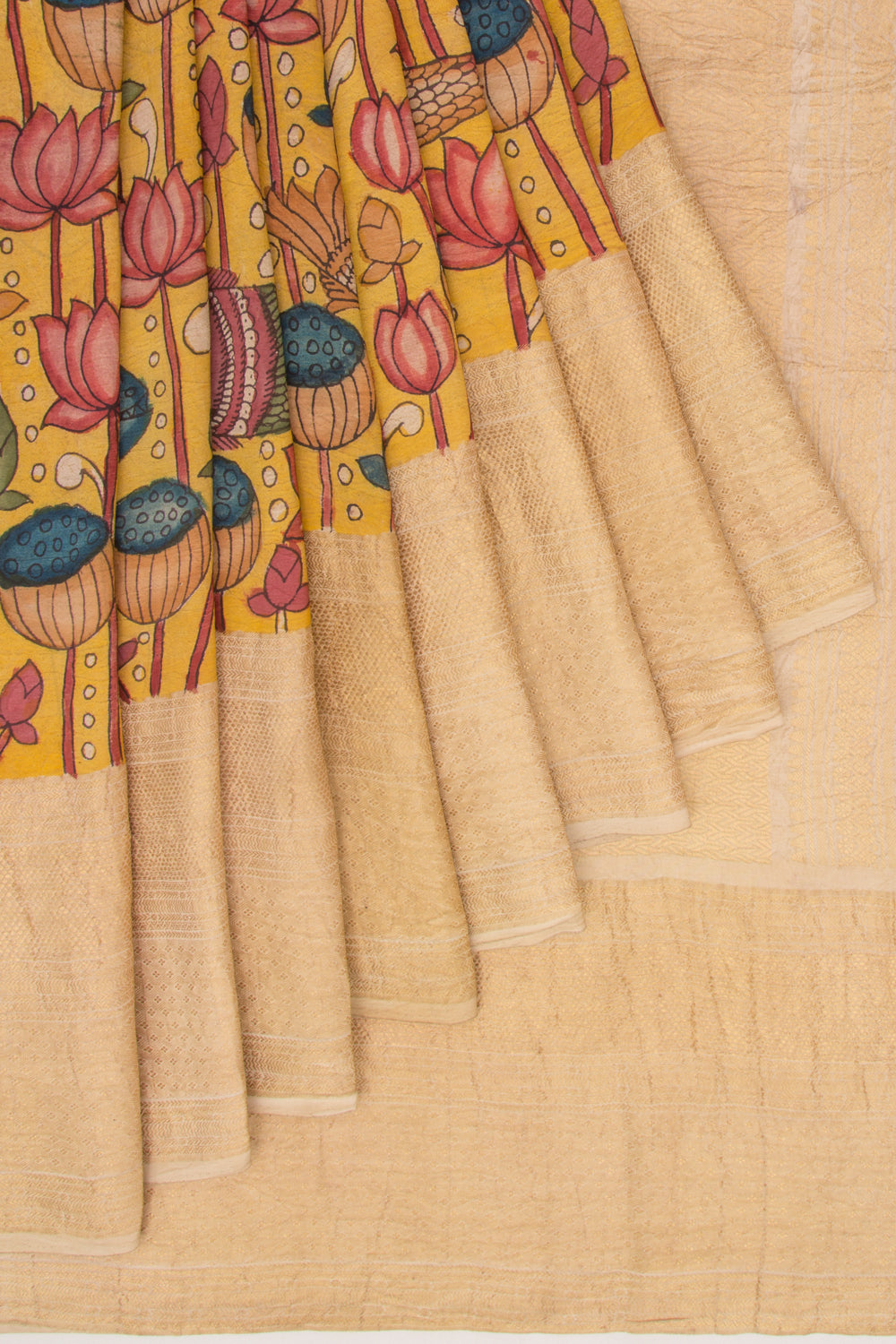 Kanchipuram Silk Kalamkari Yellow Saree