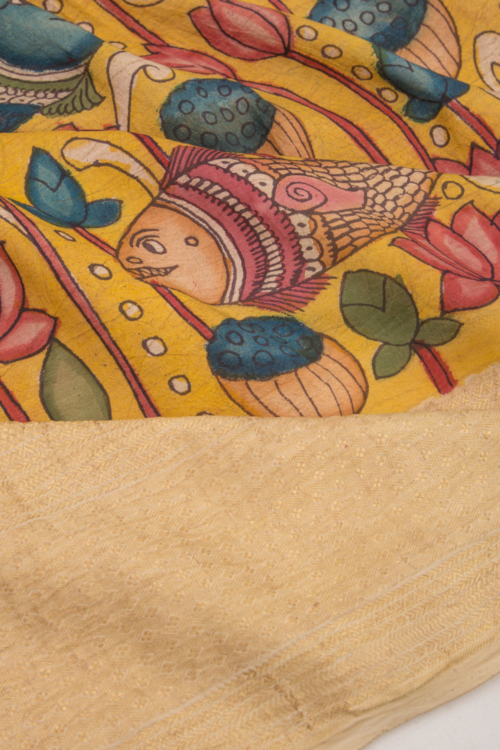 Kanchipuram Silk Kalamkari Yellow Saree