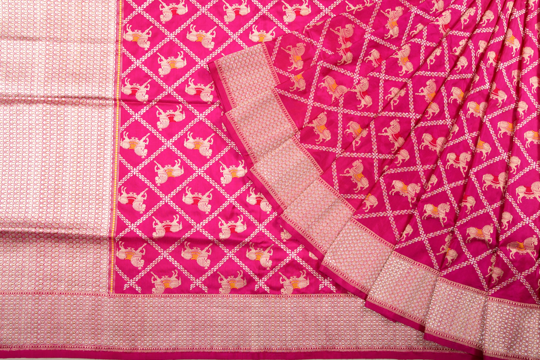Banarasi Silk Criss-Cross Checks And Butta Pink Saree