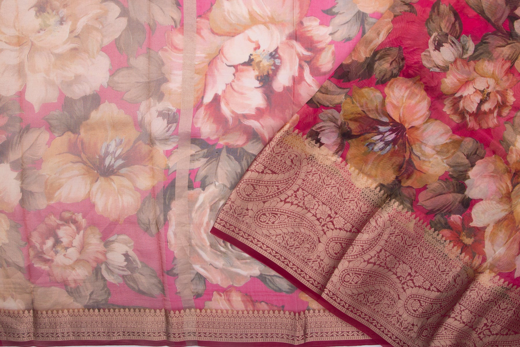 Organza Floral Printed Pink Saree