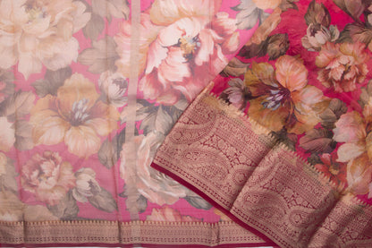 Organza Floral Printed Pink Saree