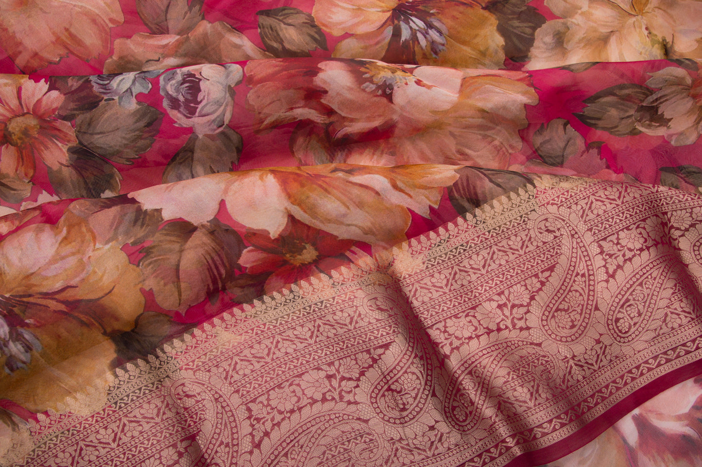 Organza Floral Printed Pink Saree