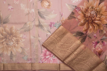 Organza Floral Printed Pink Saree