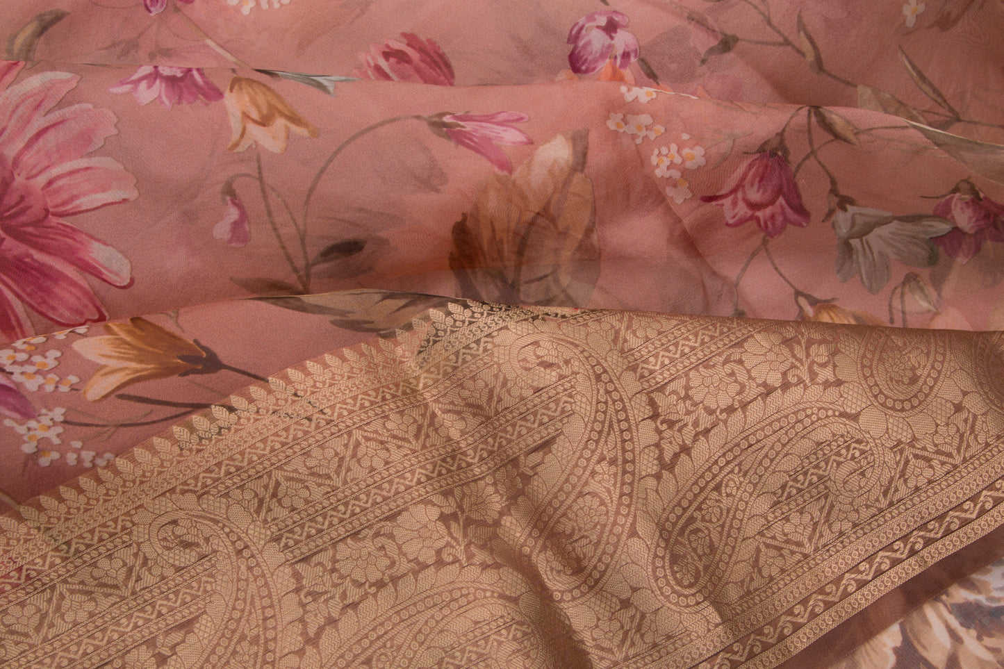 Organza Floral Printed Pink Saree