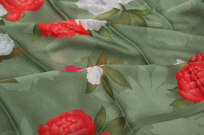 Satin Floral Printed Green Saree