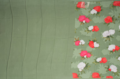 Satin Floral Printed Green Saree