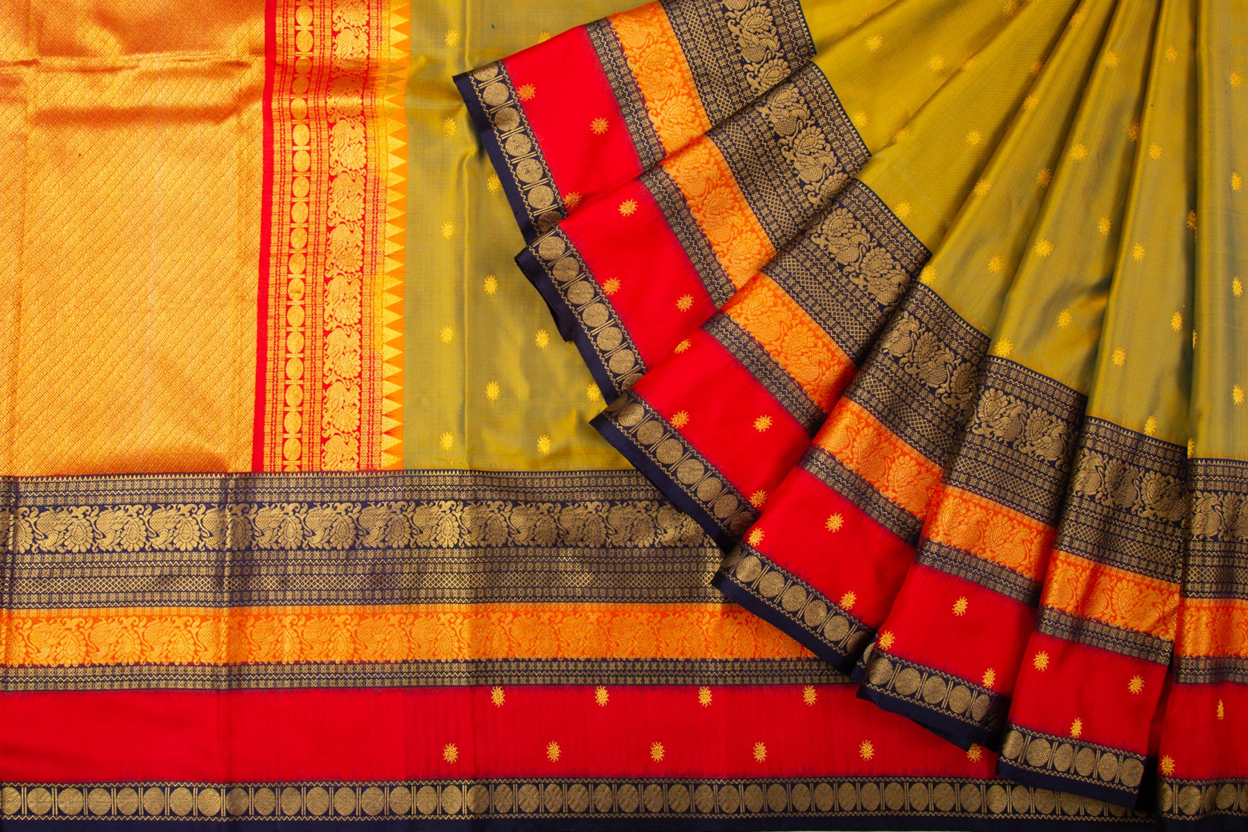 Kanchipuram Silk Twill Butta Dual Tone Yellow and Mehendi Green Saree