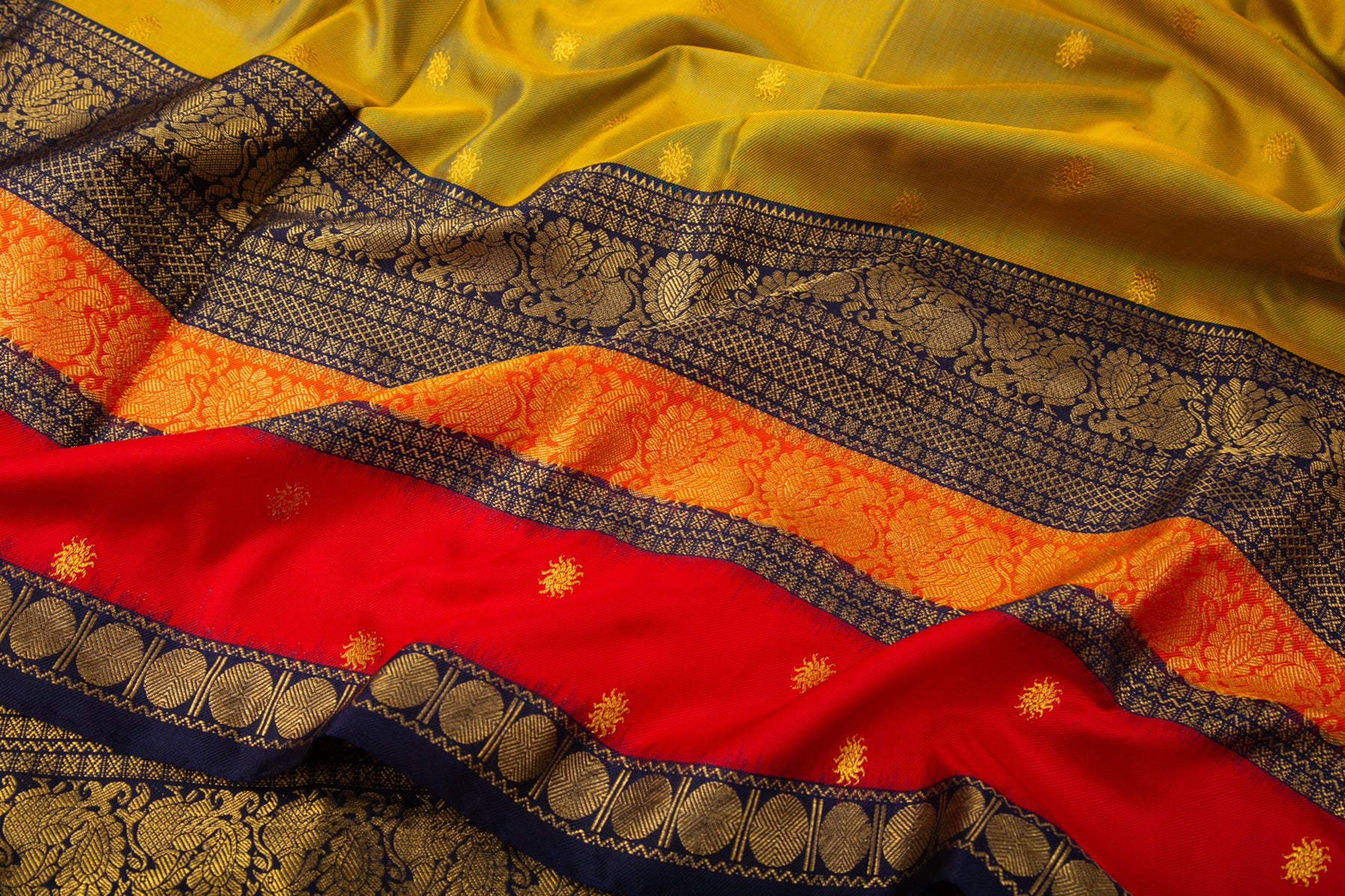 Kanchipuram Silk Twill Butta Dual Tone Yellow and Mehendi Green Saree