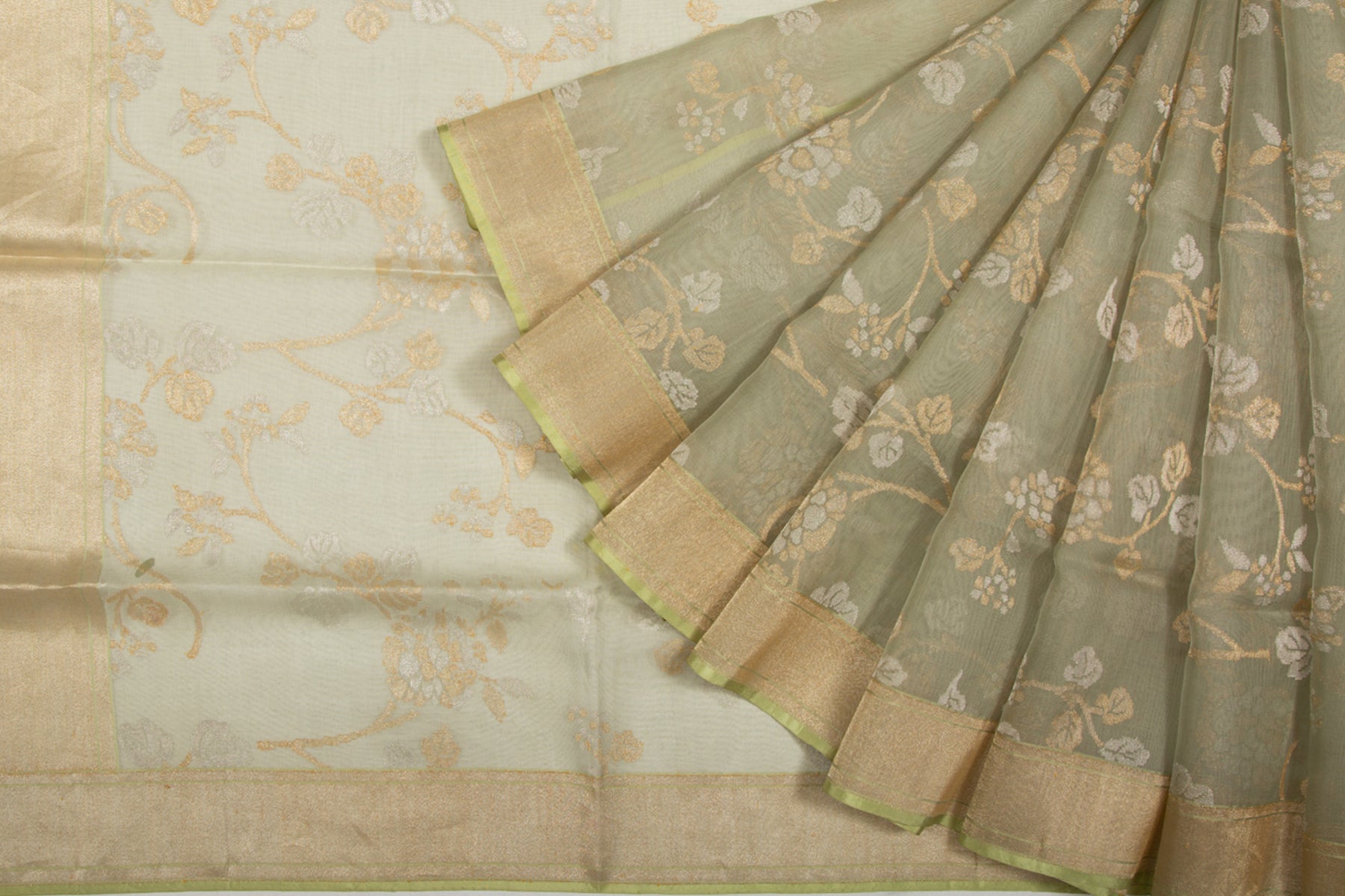 Banarasi Kora Organza Jamdani Pista Green Saree