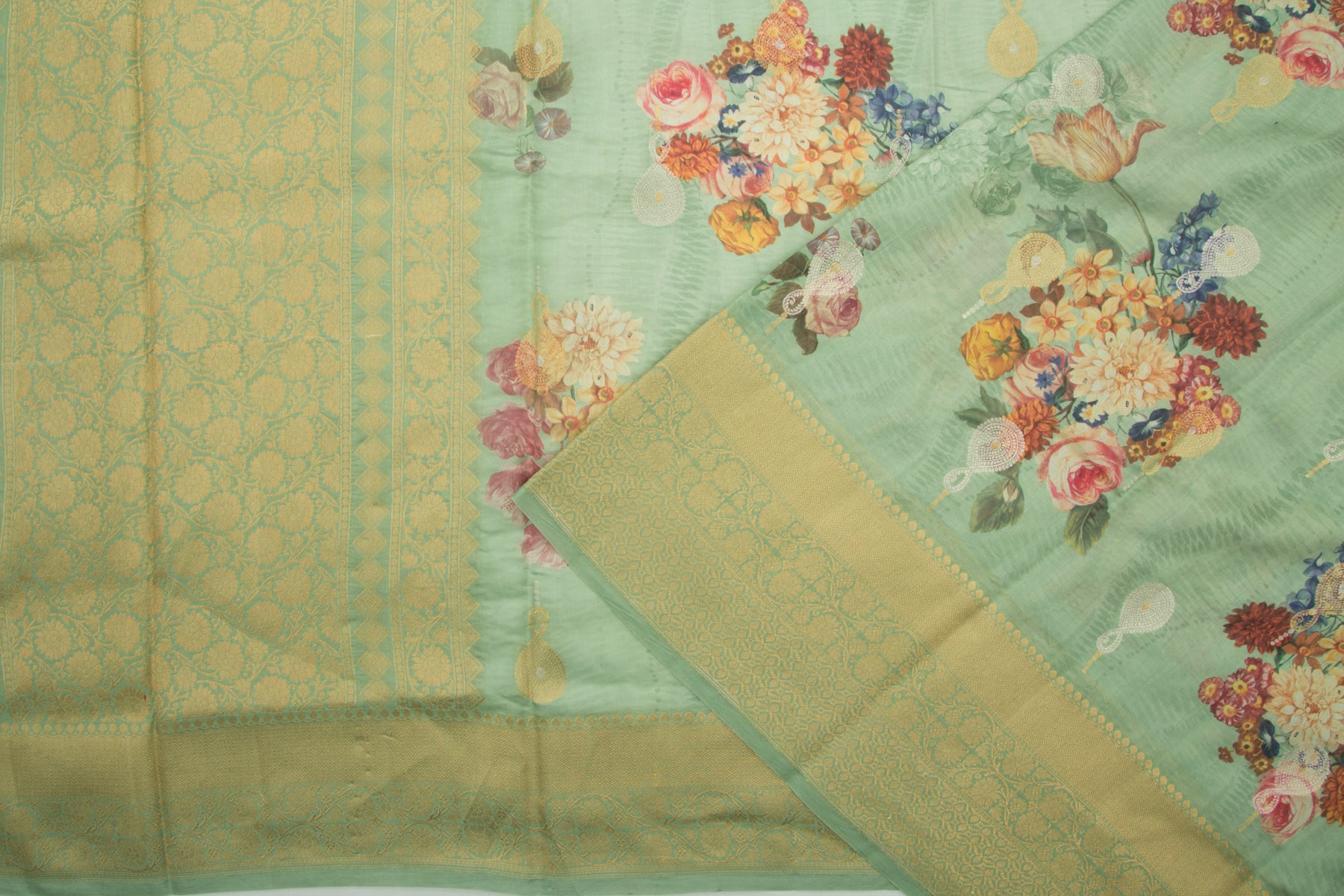 Chanderi Silk Butta And Floral Printed Green Saree