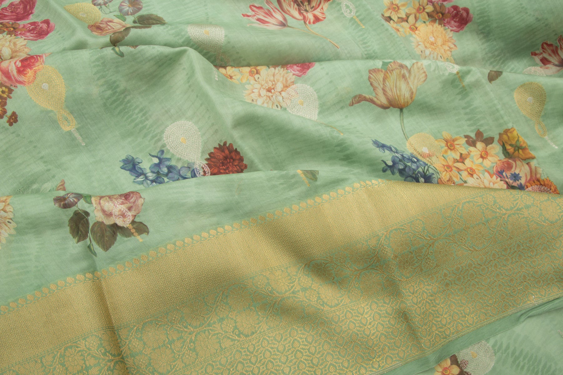 Chanderi Silk Butta And Floral Printed Green Saree