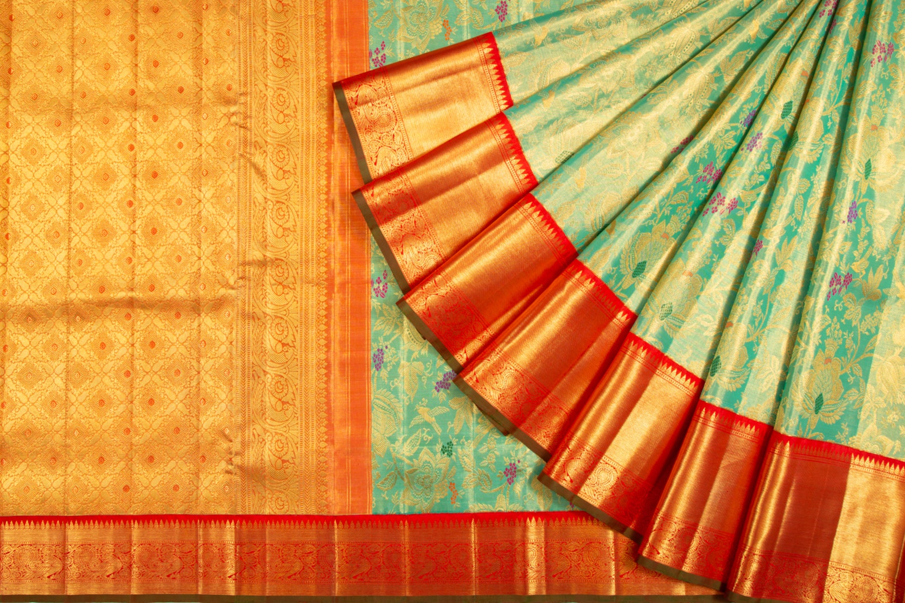 Kanchipuram Silk Tissue Jaal Sea Green Saree