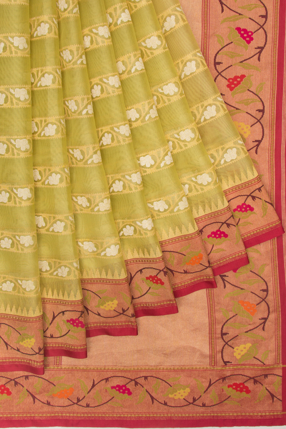 Banarasi Kora Organza Jamdani Green Saree