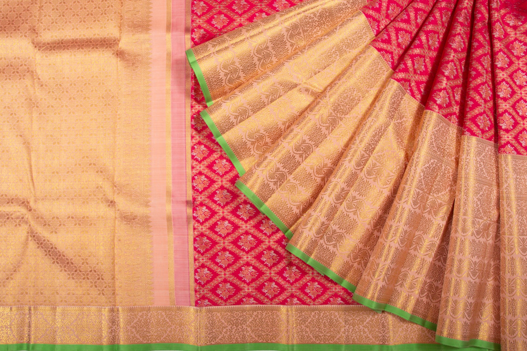 Kanchipuram Silk Criss-Cross Checks And Butta Pink Saree
