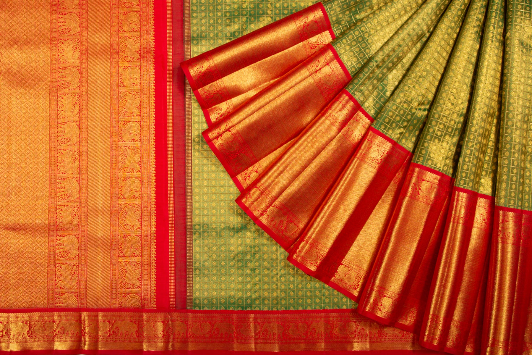 Kanchipuram Silk Tissue Checks And Butta Green Saree