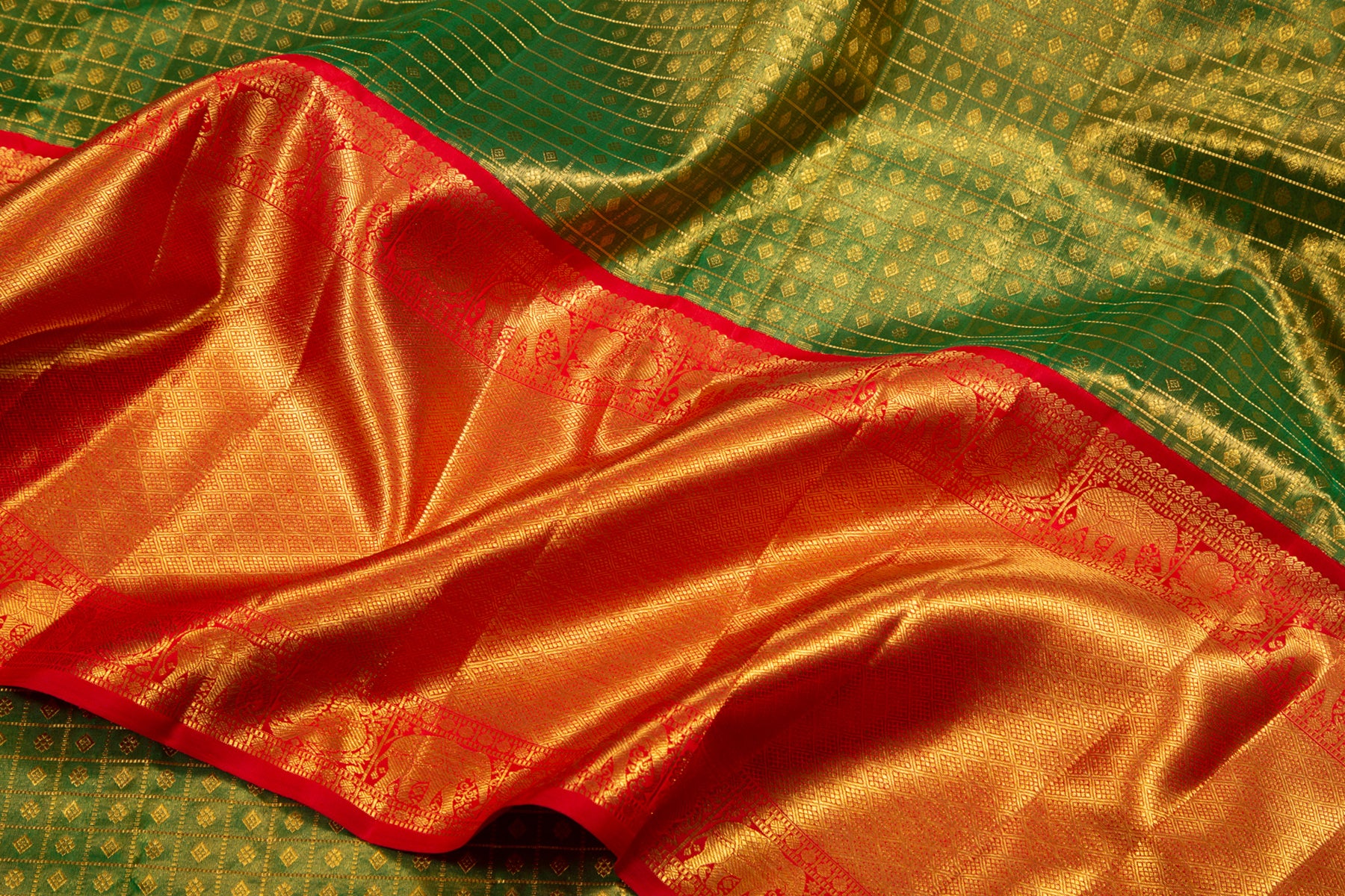Kanchipuram Silk Tissue Checks And Butta Green Saree