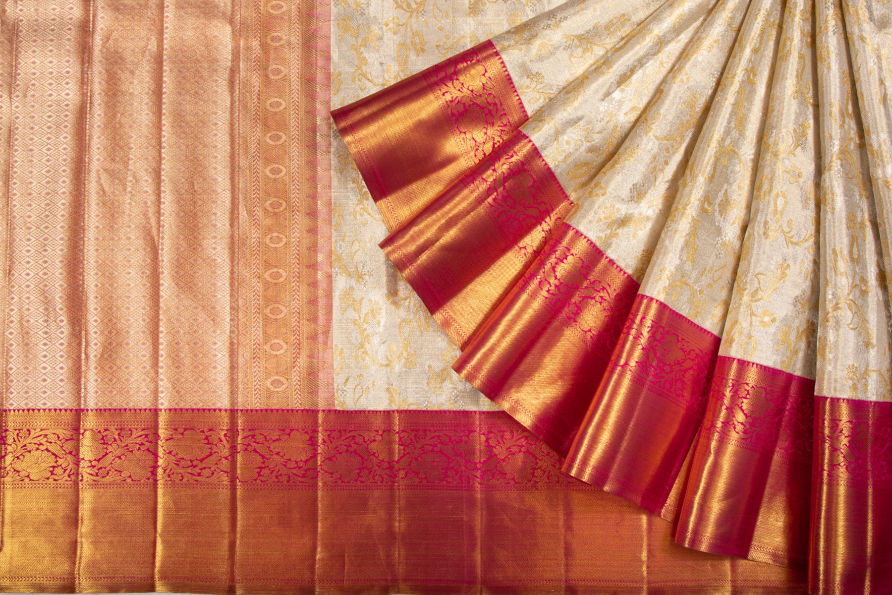 Kanchipuram Silk Tissue Jaal Silver Saree