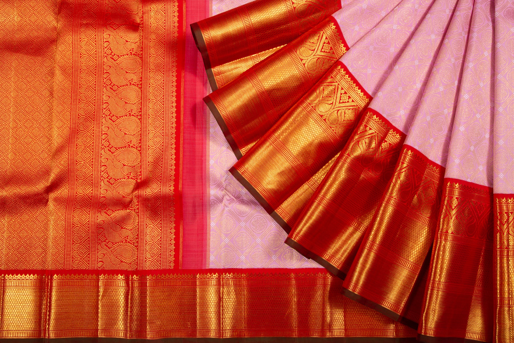 Kanchipuram Silk Criss-Cross Checks And Butta Pink Saree