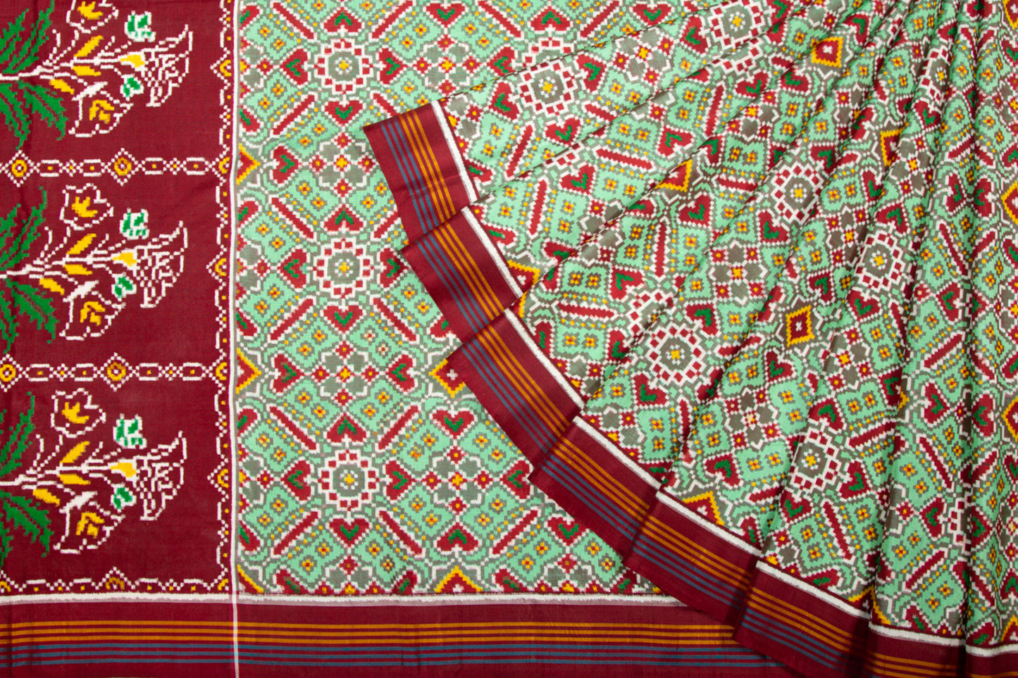 Patan Patola Silk Ikat Pan Bhat Pastel Green Saree