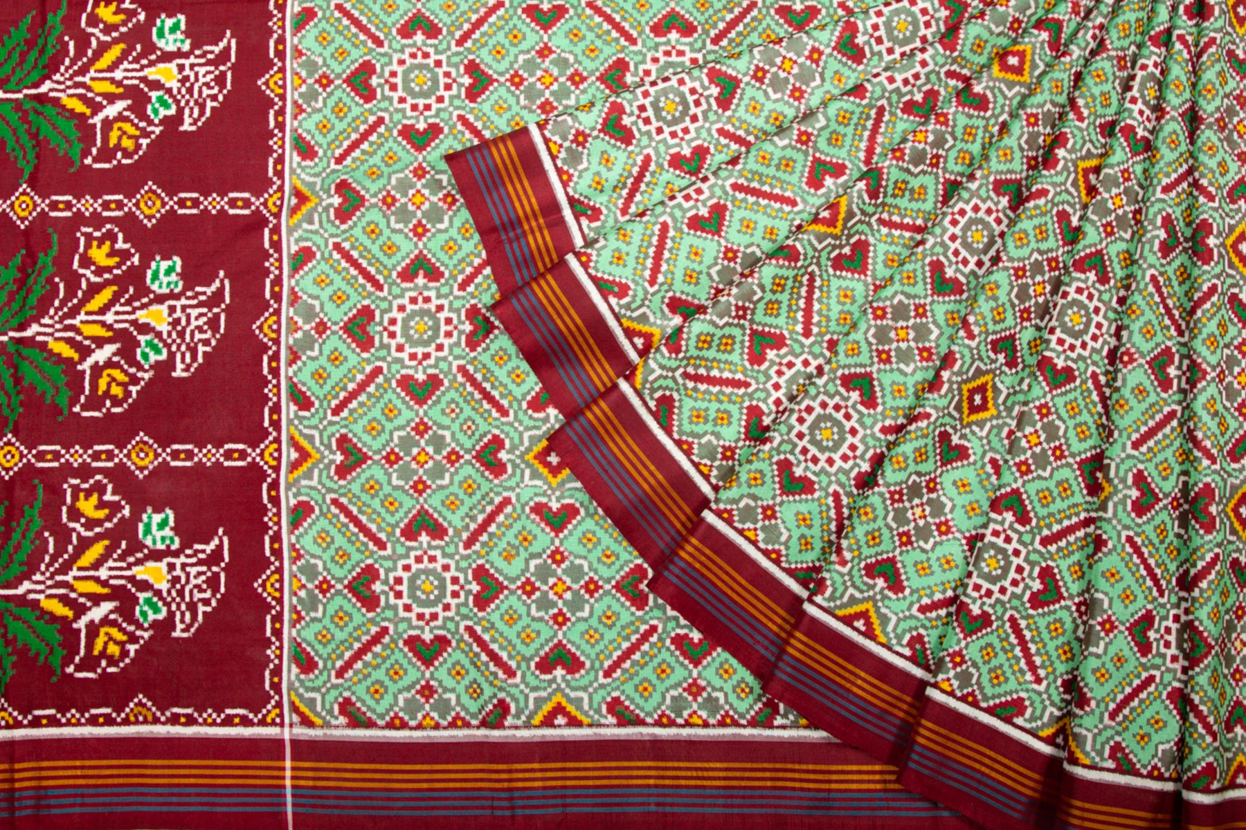 Patan Patola Silk Ikat Pan Bhat Pastel Green Saree