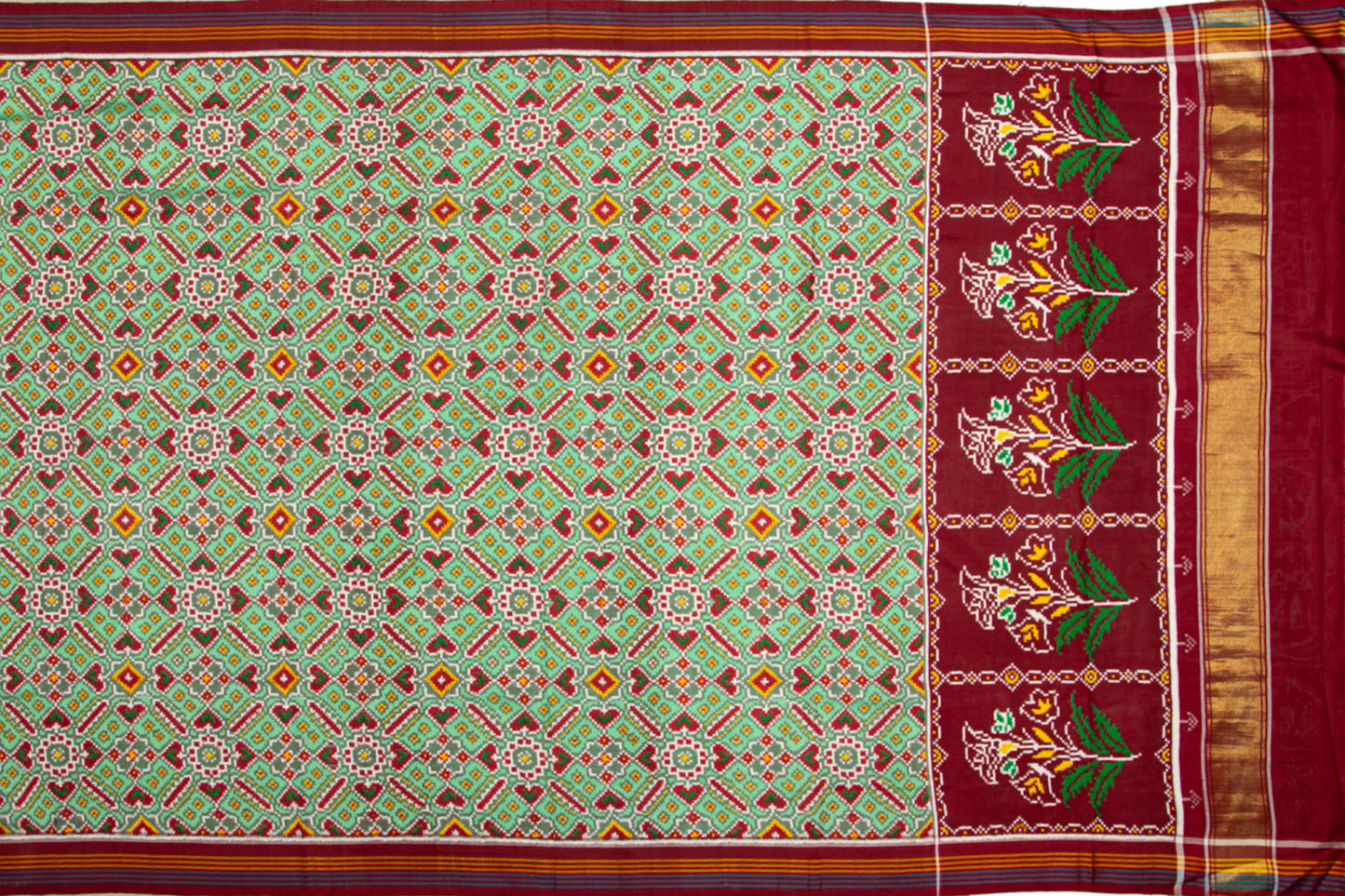 Patan Patola Silk Ikat Pan Bhat Pastel Green Saree