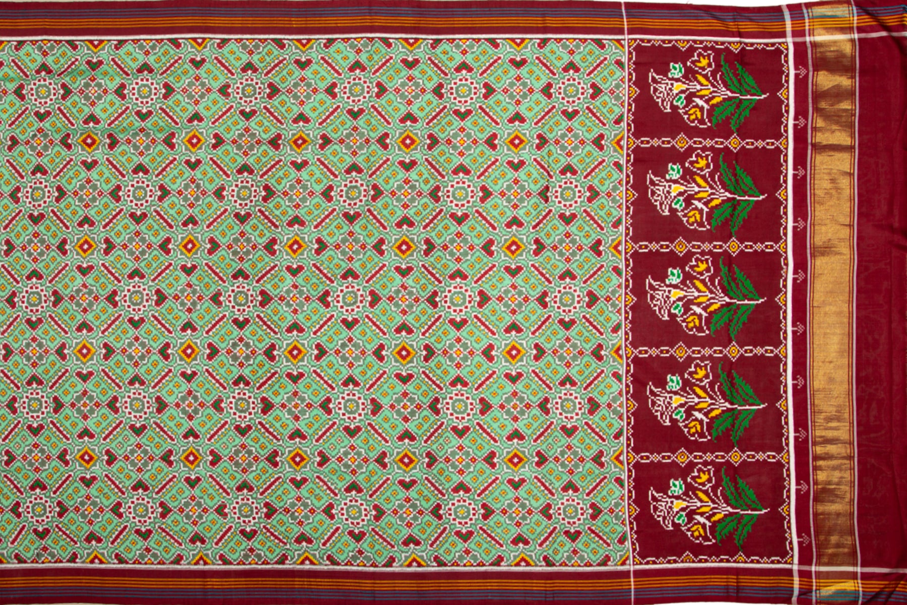 Patan Patola Silk Ikat Pan Bhat Pastel Green Saree