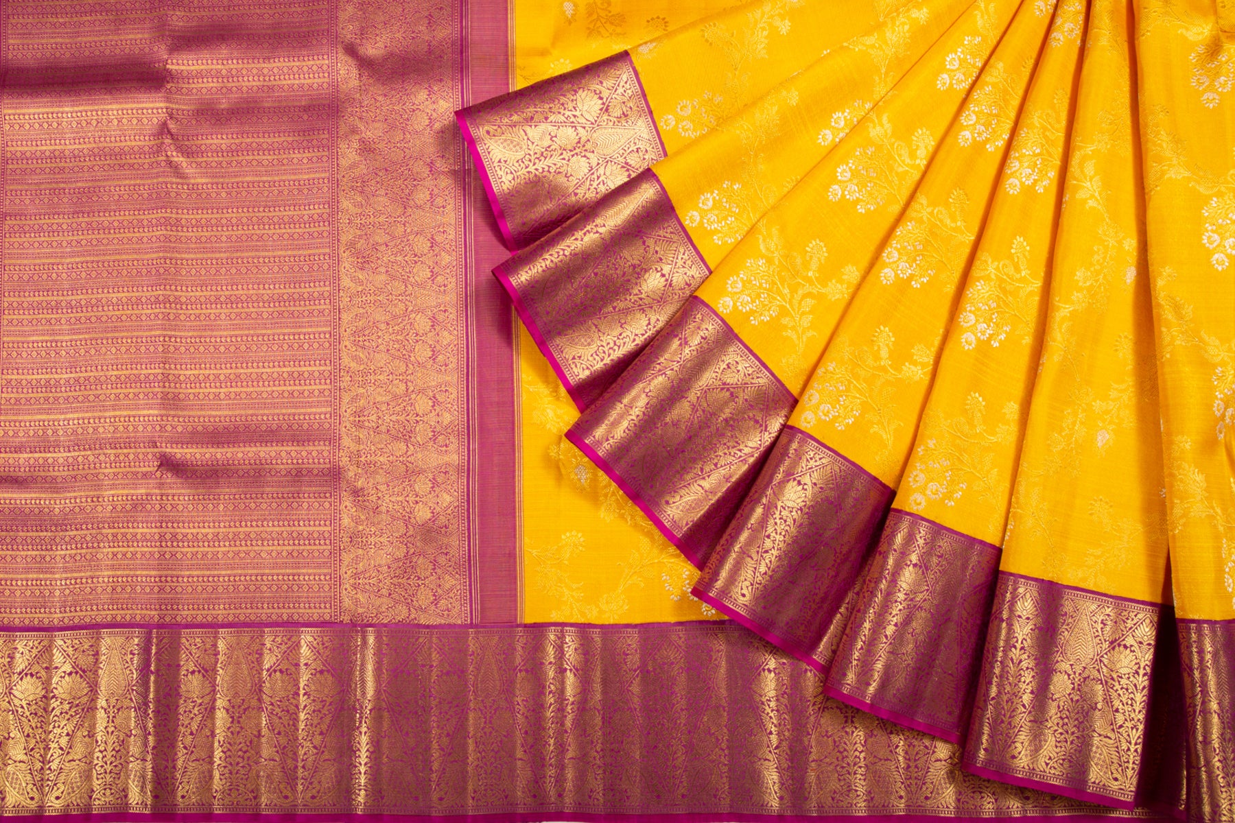 Kanchipuram Silk Jaal Yellow Saree