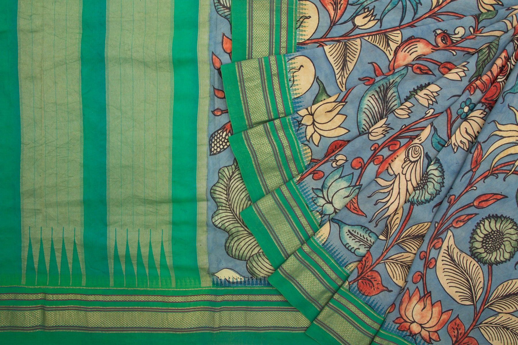 Kanchipuram Silk Kalamkari Handpainted Blue Saree