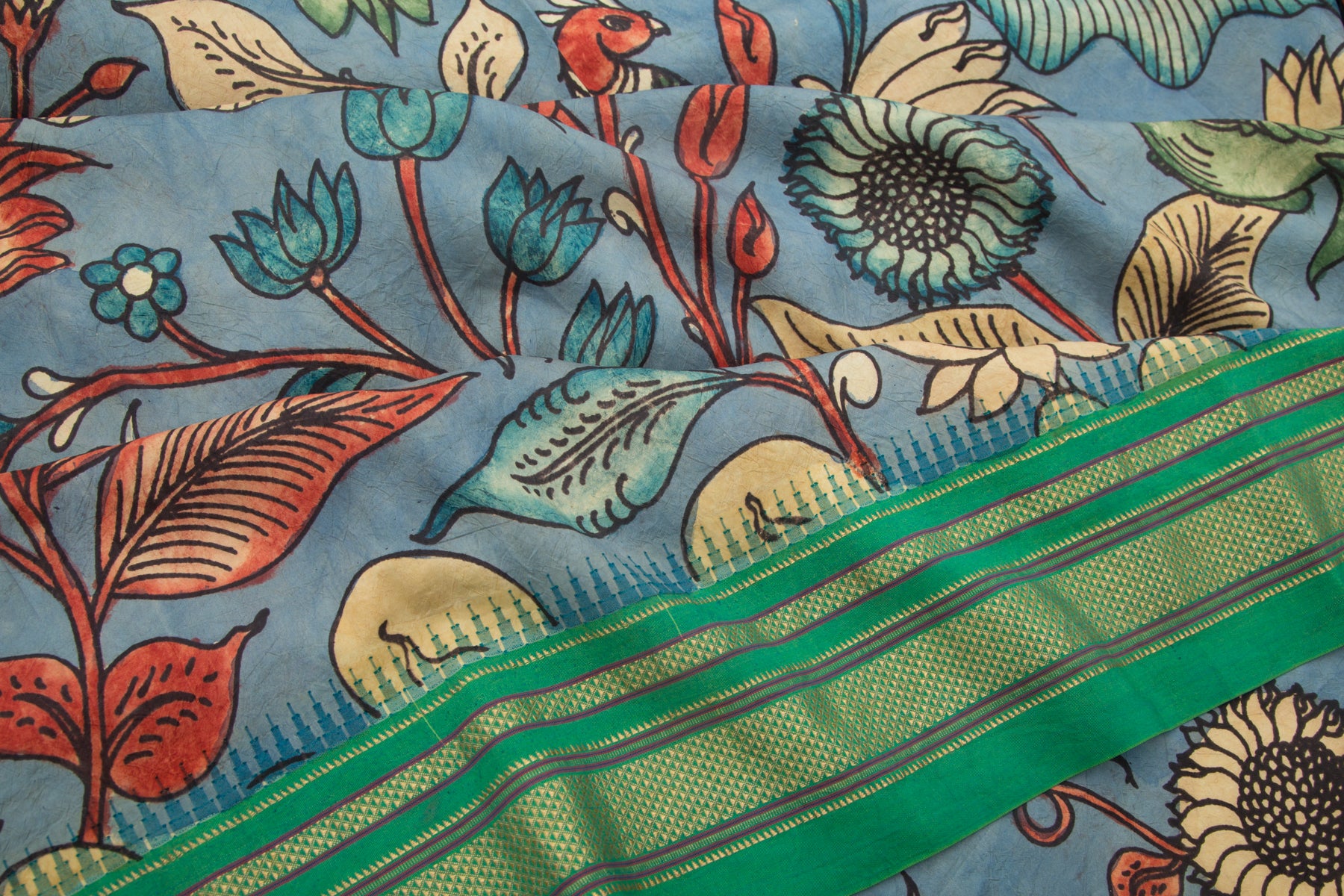 Kanchipuram Silk Kalamkari Handpainted Blue Saree