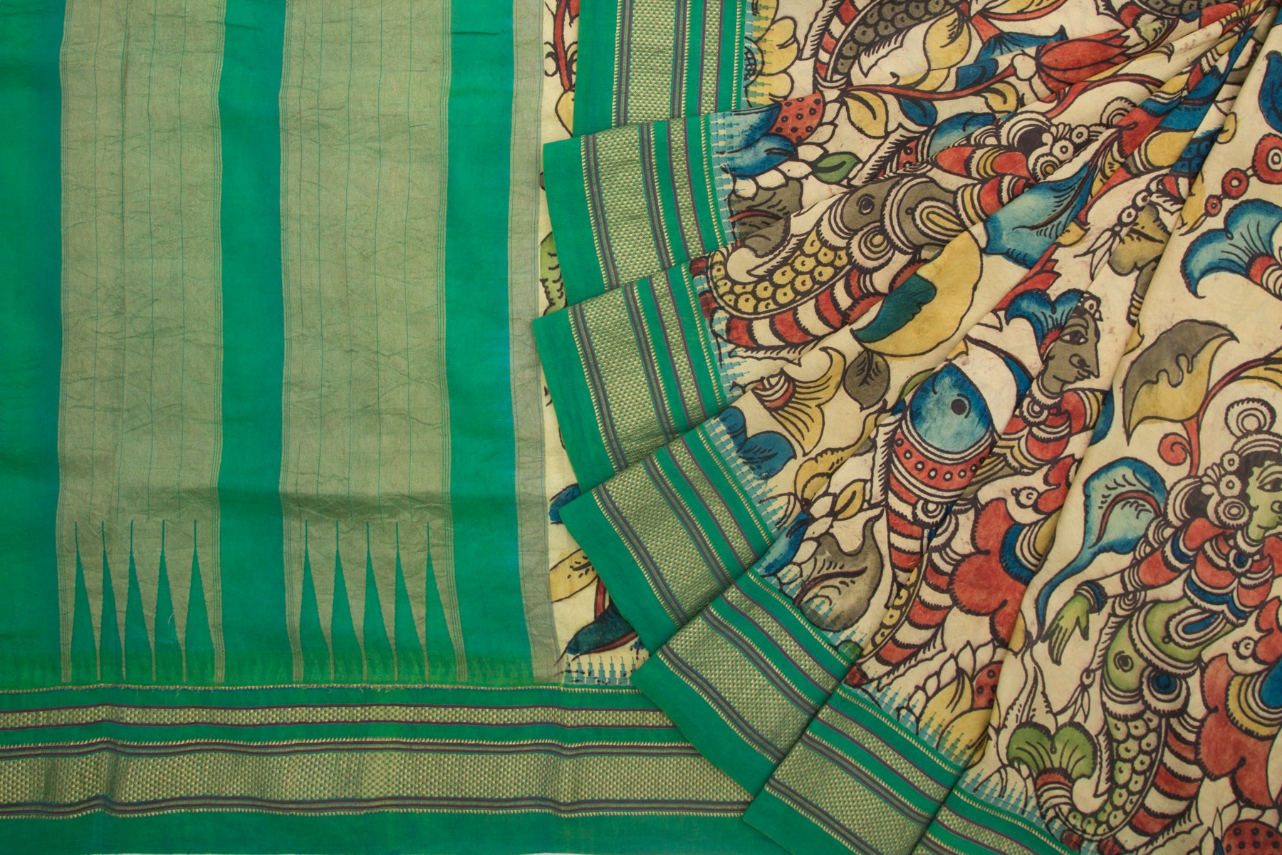 Kanchipuram Silk Kalamkari Handpainted Cream Saree