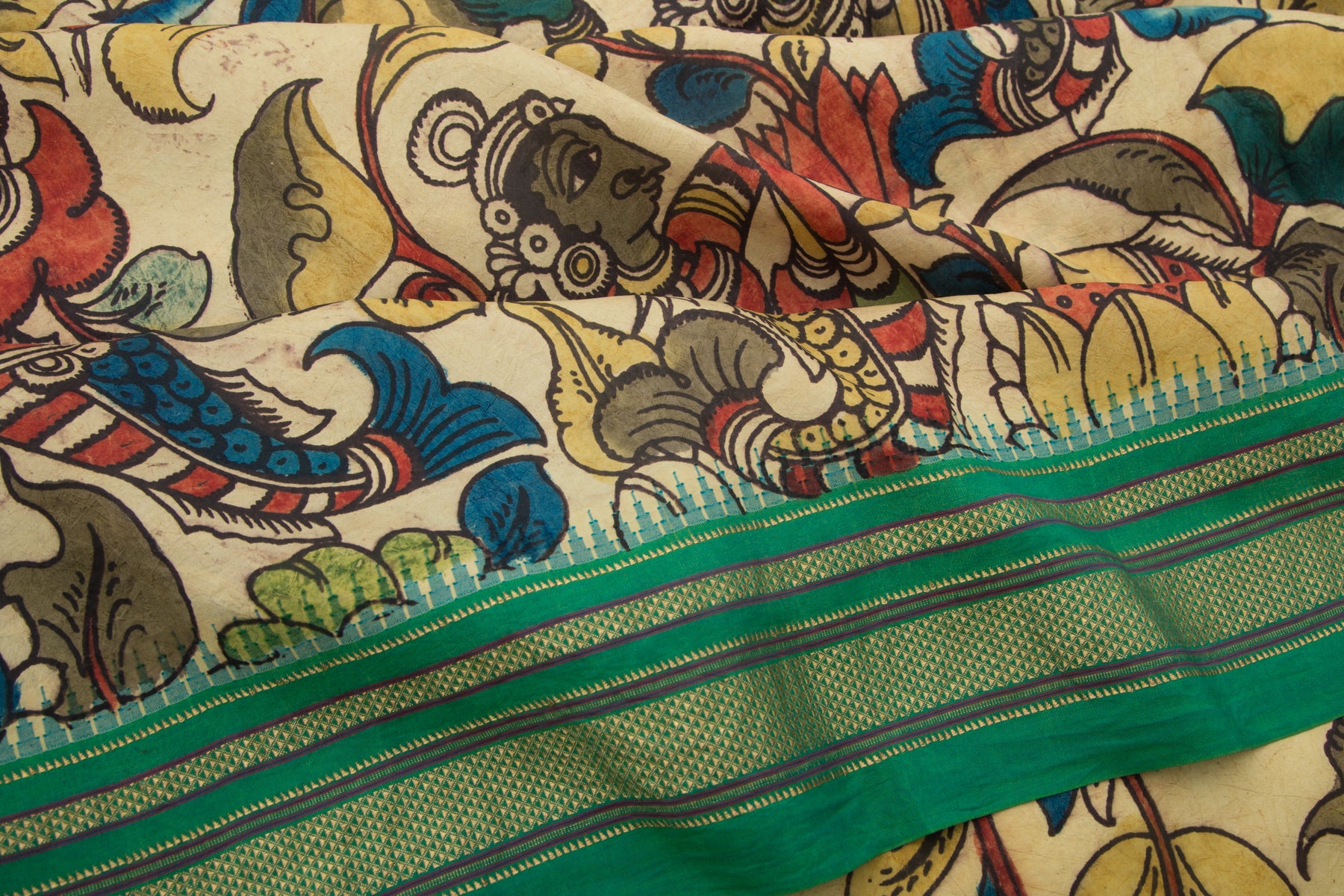 Kanchipuram Silk Kalamkari Handpainted Cream Saree