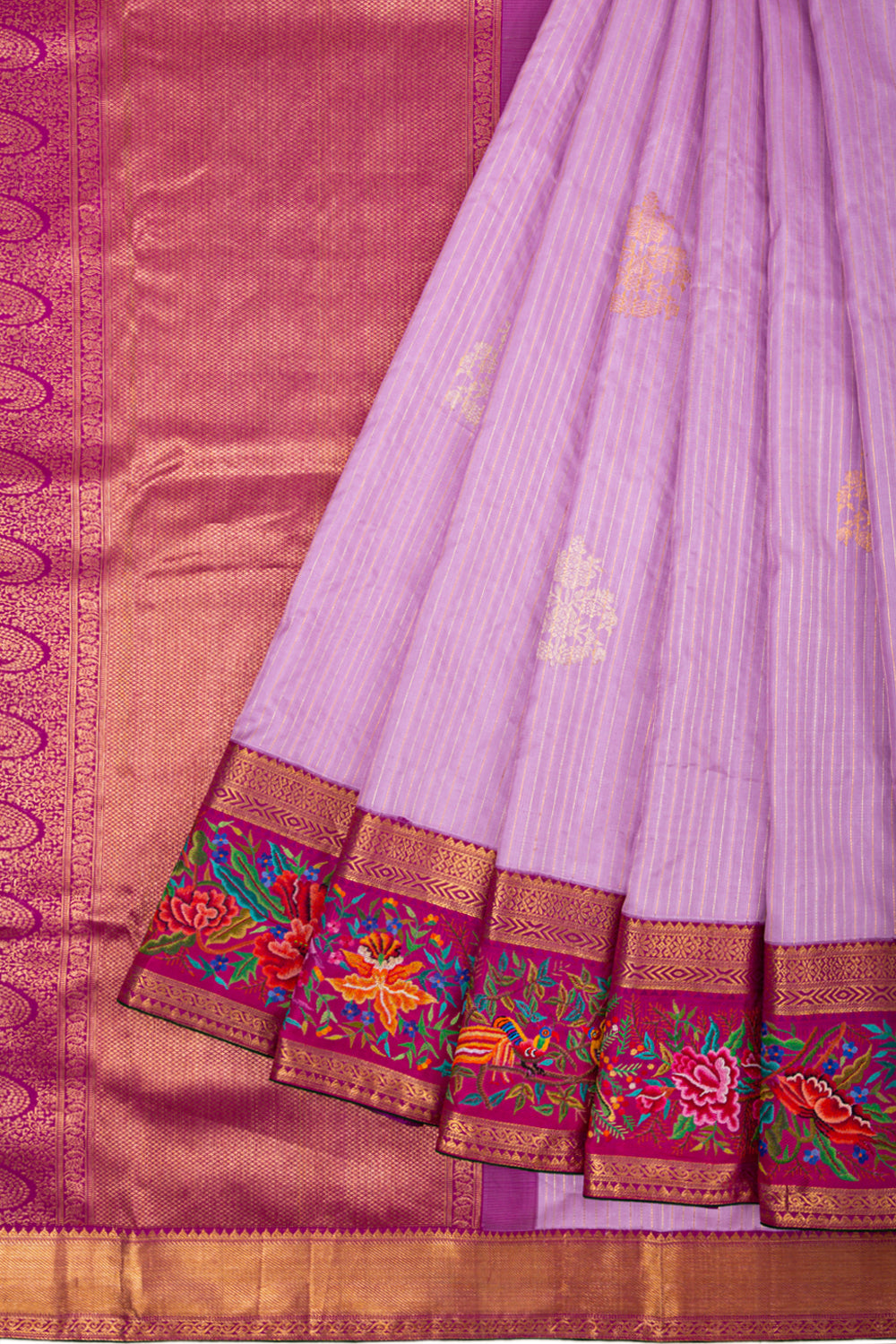 Kanchipuram Silk Vertical Lines Butta Lavender Saree
