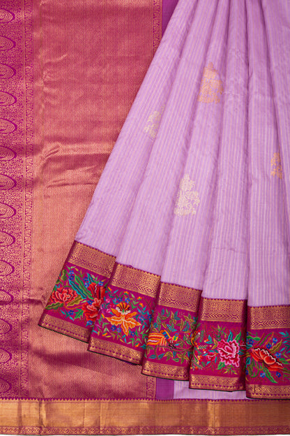 Kanchipuram Silk Vertical Lines Butta Lavender Saree