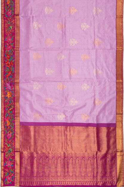 Kanchipuram Silk Vertical Lines Butta Lavender Saree With Petite Point