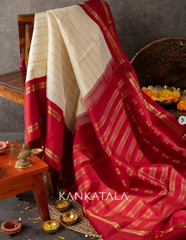 Kanchipuram Silk Horizontal Lines Cream Saree