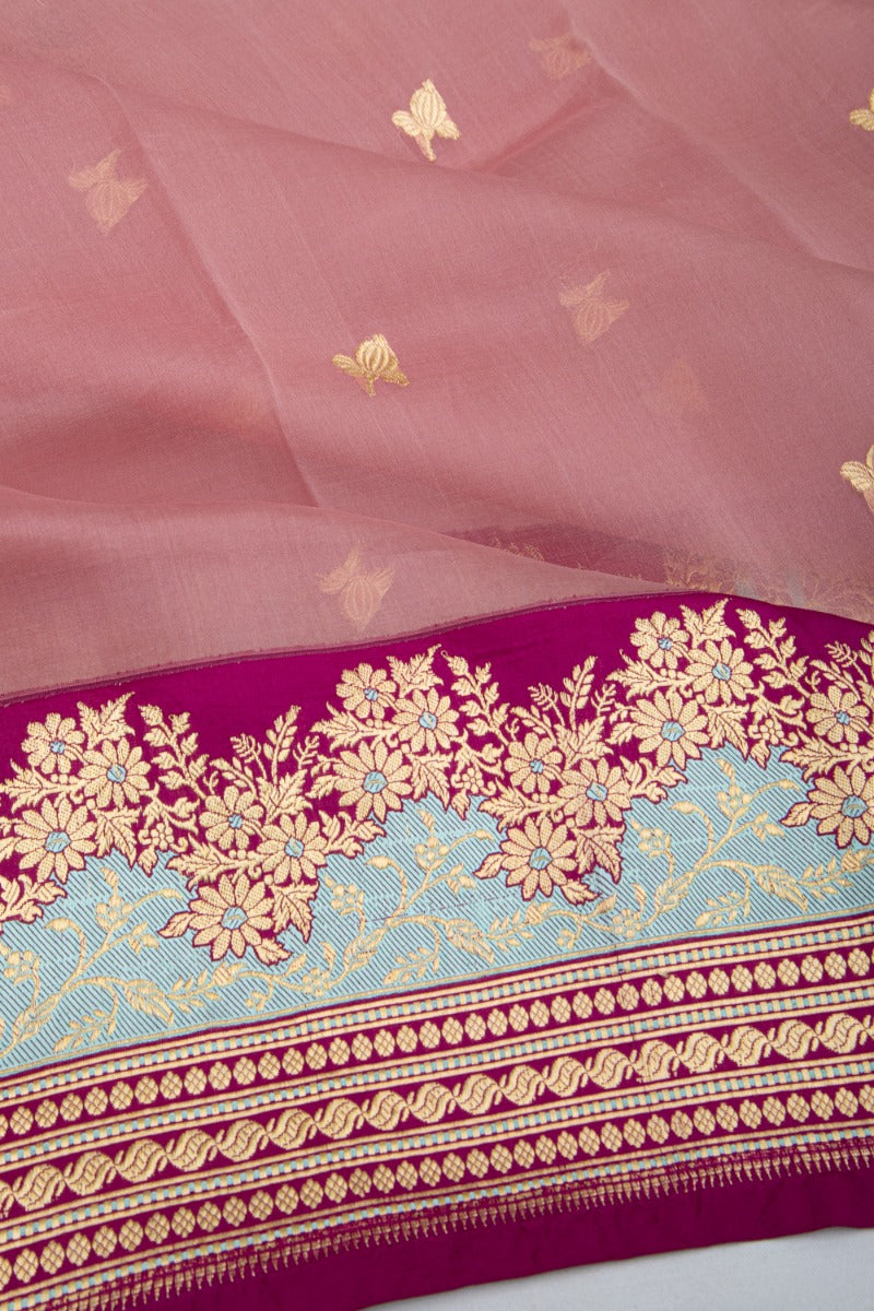 Banarasi Kora Organza Butta Onion Pink Saree