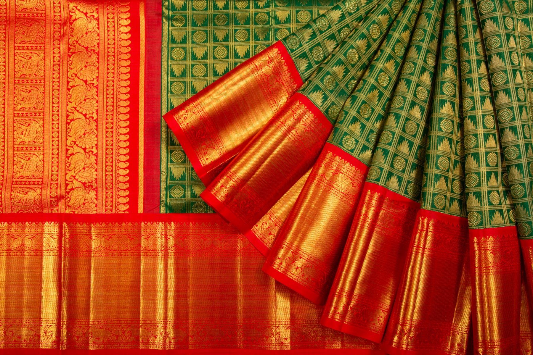 Kanchipuram Silk Checks And Butta Green Saree