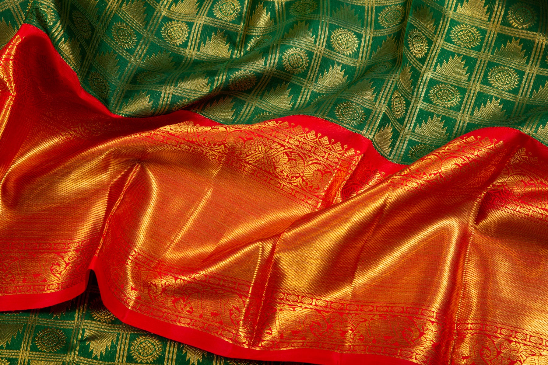 Kanchipuram Silk Checks And Butta Green Saree