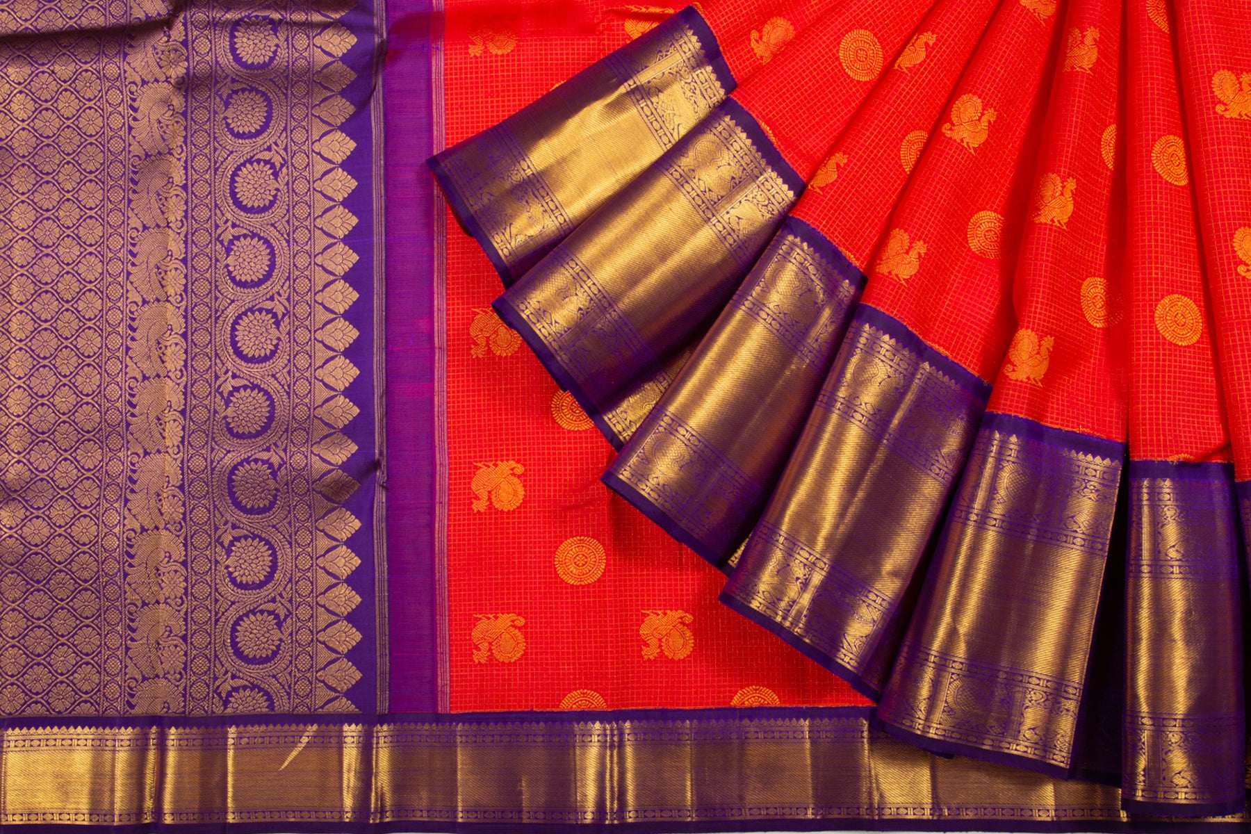 Kanchipuram Silk Checks And Butta Red Saree