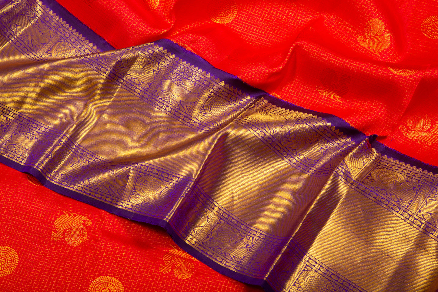 Kanchipuram Silk Checks And Butta Red Saree