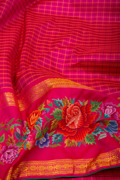 Kanchipuram Silk Checks Pink Saree With Petite Point