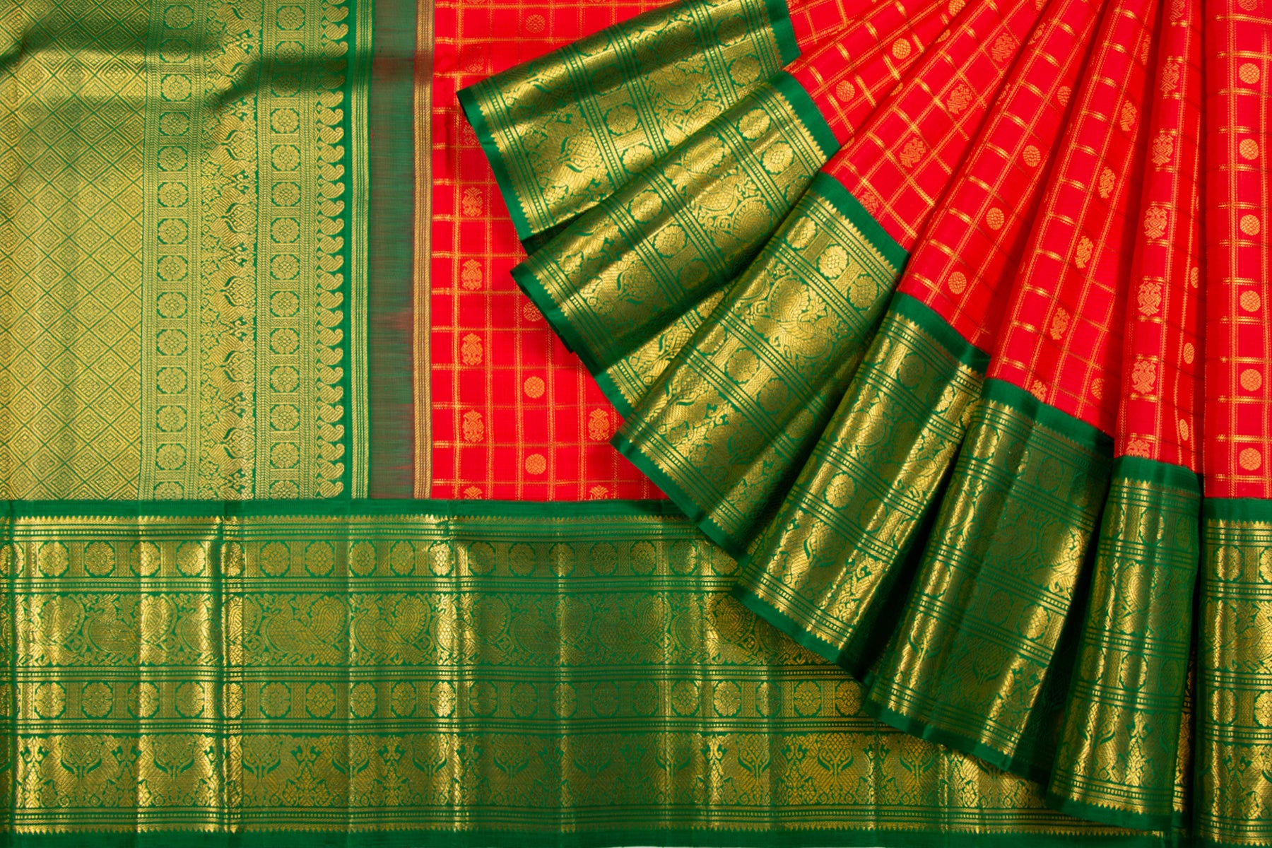 Kanchipuram Silk Checks And Butta Red Saree
