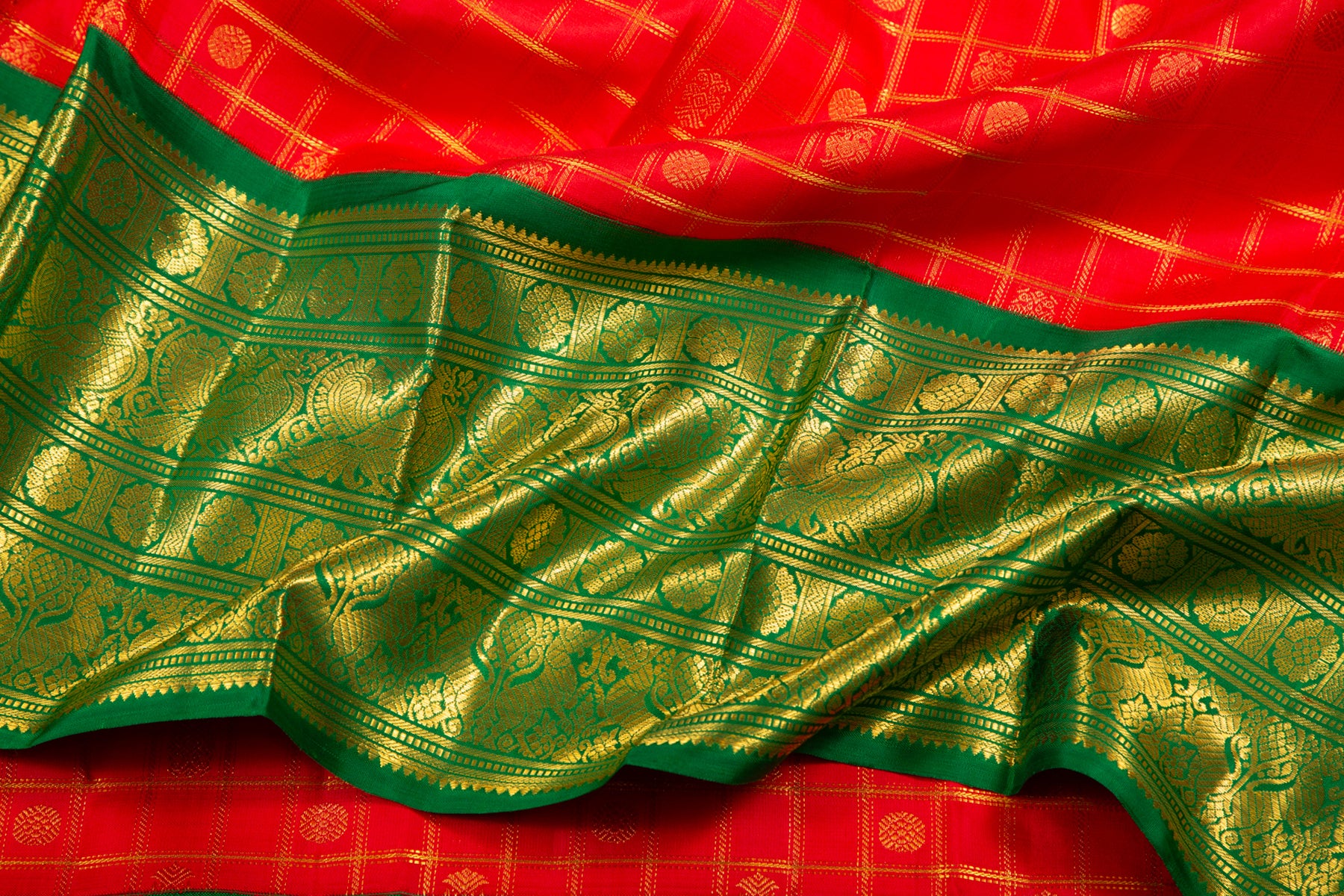 Kanchipuram Silk Checks And Butta Red Saree